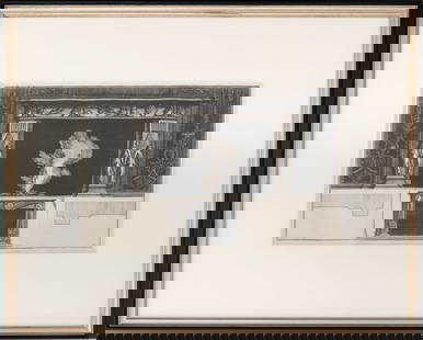 Giovanni Piranesi "Fireplace (Pl. 19)" Engraving: Giovanni Battista Piranesi (Italian, 1720-1778), "Fireplace (Plate 19)", Engraving, Christopher Mendez, London label to verso, ebonized and silver frame. Image: 10" H x 15" W; frame: 20" H x 24.75" W.