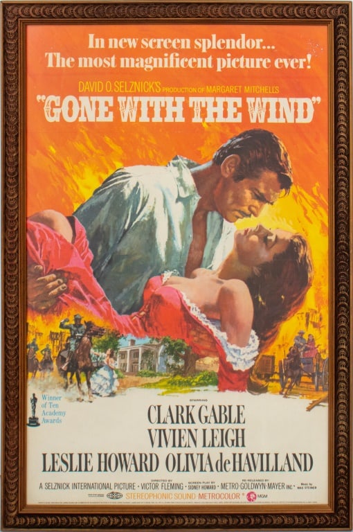 Gone with the Wind Movie Poster, 1968: Gone with The Wind Re-Release Movie Poster, 1968, giltwood frame. Image: 39" H x 24.5" W; frame: 43" H x 28.5" W. Provenance: From a 50 Madison Avenue Estate. Keywords: Prints, Multiples, Film, Cinema