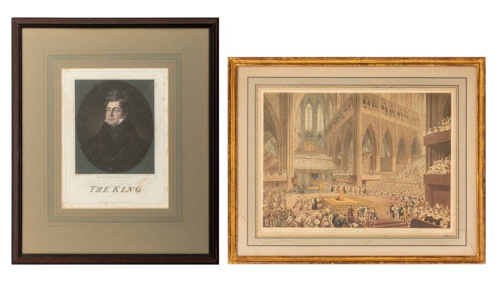 King George IV Hand-Colored Engravings, 2: Group of Two King George IV Hand-Colored Engravings, 19th century, comprising: Matthew Dubourg (English, 1786-1838) After (James Stephanoff (English, 1784-1874), "The Coronation of His Majesty, George