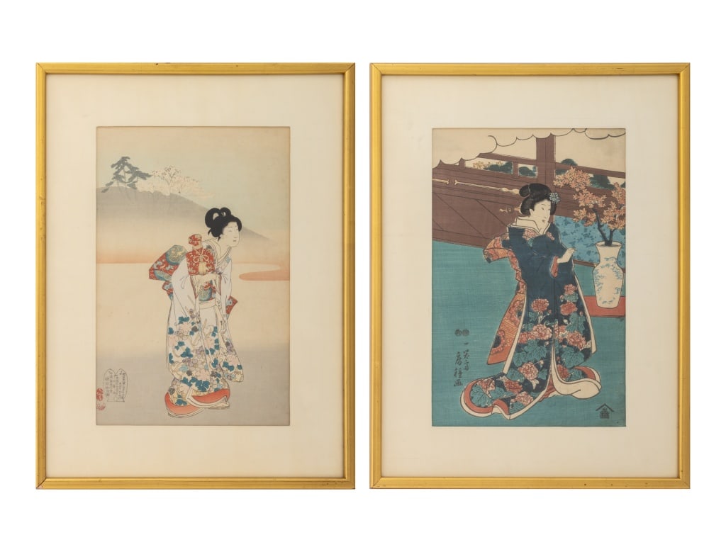Japanese School Woodblock Prints, 2: Two Japanese School Woodblock Prints, comprising: Toyohara Chikanobu (1838-1912), "Bijin Ga", marked lower left and female geisha, marked lower left, each in giltwood frame. Image: 13.5" H x 8.75" W;