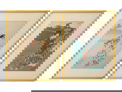 Japanese School Woodblock Prints, 2: Two Japanese School Woodblock Prints, comprising: Toyohara Chikanobu (1838-1912), "Bijin Ga", marked lower left and female geisha, marked lower left, each in giltwood frame. Image: 13.5" H x 8.75" W;