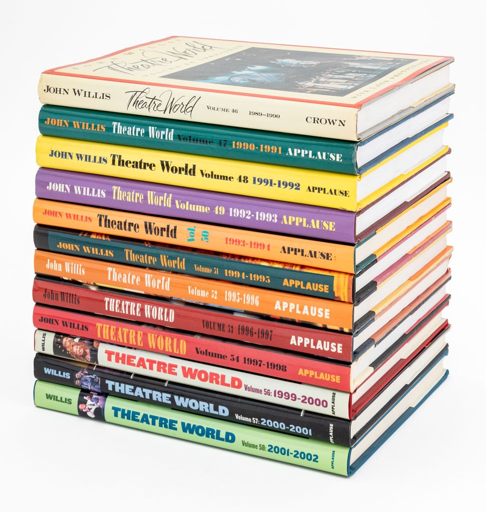 John Willis "Theatre World", 12 Vols.: Willis, John, "Theatre World", New York: Crown Publishers Inc., Volumes 46-54 and 56-58, 1989-2002. Each book: 9.5" L x 7.75" W. Provenance: The Upper East Side Estate of Anne Kaufman Schneider, the d