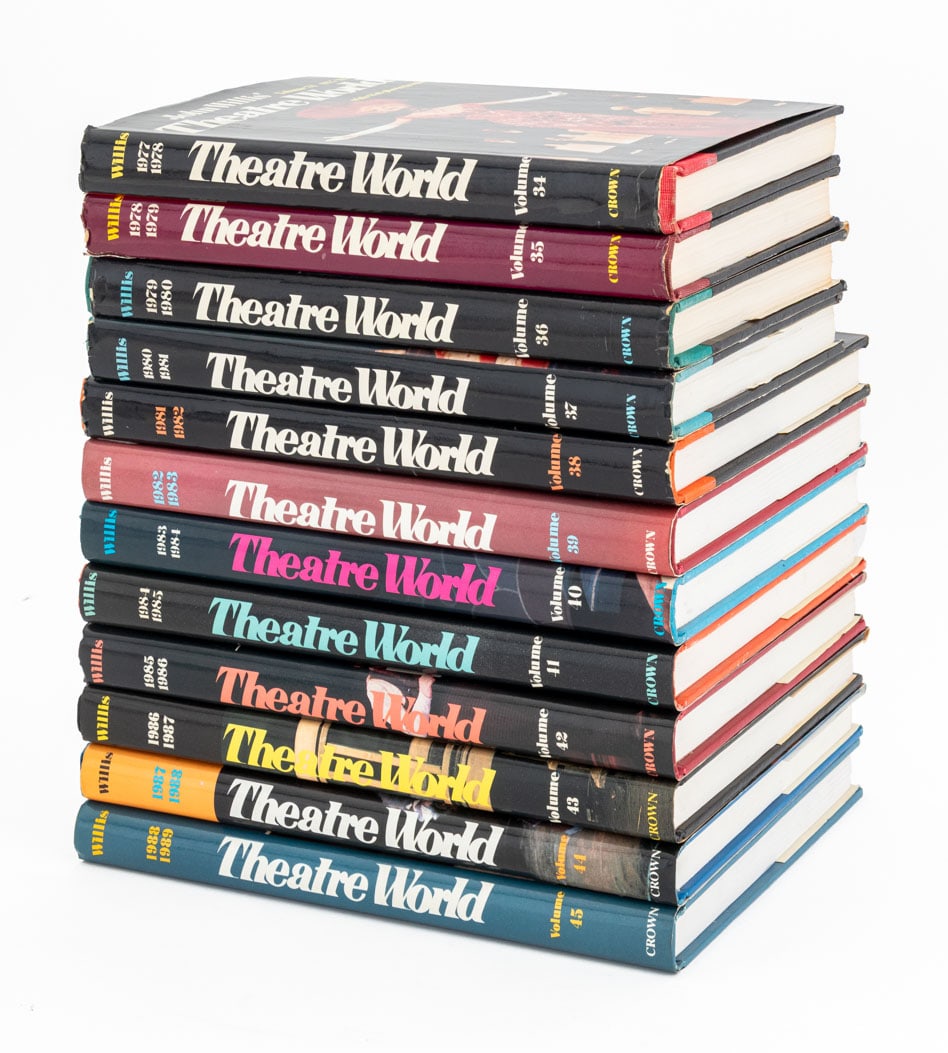 John Willis "Theatre World", 12 Vols.: Willis, John, "Theatre World", New York: Crown Publishers Inc., Volumes 34-45, 1977-1989. Larger book: 9.5" L x 7.75" W. Provenance: The Upper East Side Estate of Anne Kaufman Schneider, the daughter 