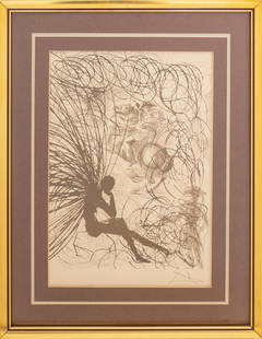 Salvador Dali "Napoleon and The Angel" Etching: Salvador Dali (Spanish, 1904-1989), "Napoleon and The Angel", Etching on Paper, circa 1970, signed in print lower right, gold-tone metal frame. Image: 16.25" H x 11.5" W; frame: 23.5" H x 18.75" W x 1