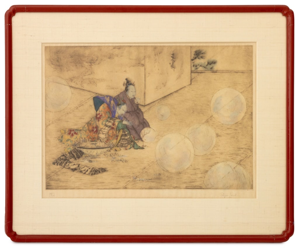Elyse Lord "Bubbles" Etching: Elyse Ashe Lord (British, 1900-1971), "Bubbles", Etching in Colors, signed in pencil lower right and numbered edition "99/100" lower left, red lacquered frame. Image: 11.75" H x 17.75" W; frame: 20.75