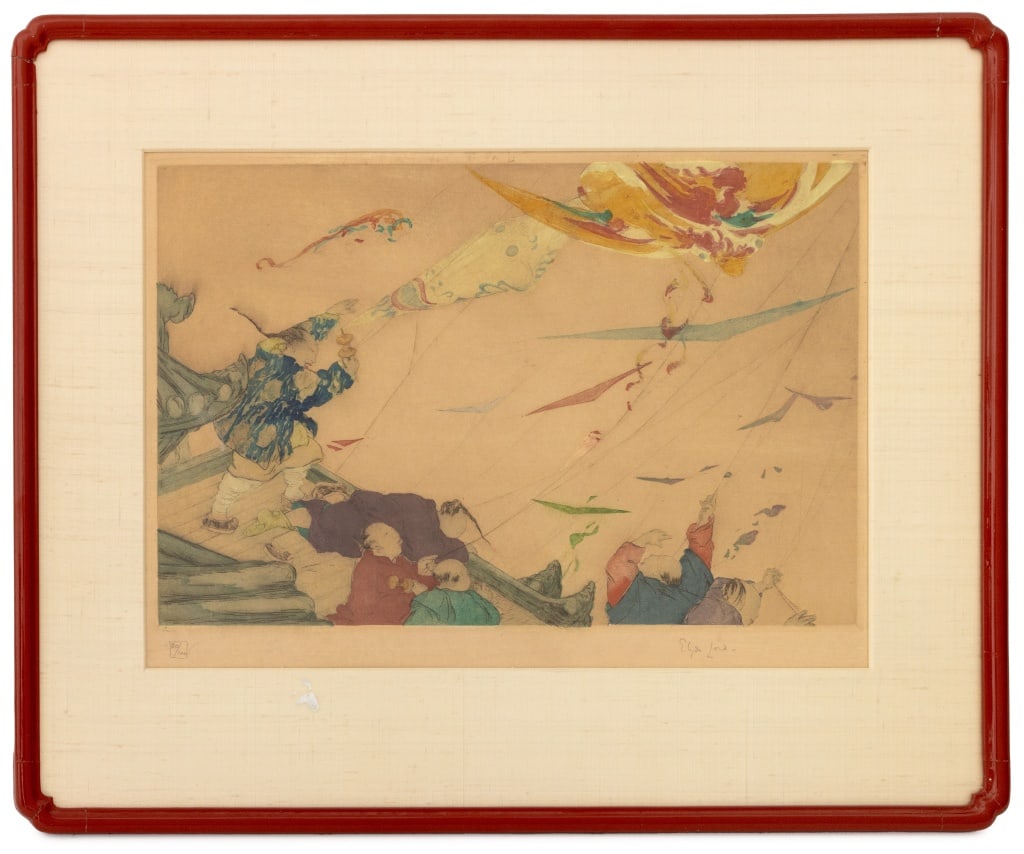 Elyse Lord "Kites" Etching: Elyse Ashe Lord (British, 1900-1971), "Kites", Etching in Colors, signed in pencil lower right and numbered edition "80/100" lower left, Arthur Ackerman & Son, Inc., London label to verso, red lacquer
