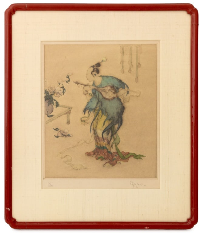 Elyse Lord "Rainbow Skirt" Etching: Elyse Ashe Lord (British, 1900-1971), "Rainbow Skirt", Etching in Colors, signed in pencil lower right and numbered edition "91/100" lower left, Arthur Ackerman & Son, Inc., London labels to verso, re