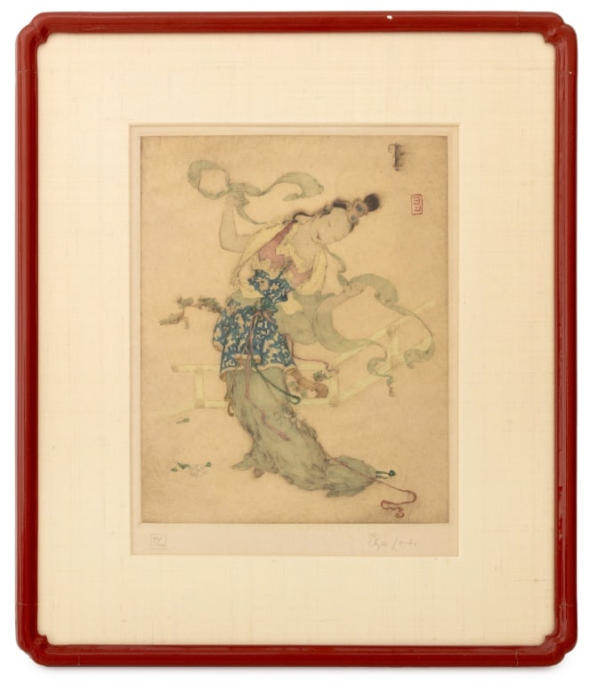 Elyse Lord "My Dress" Etching: Elyse Ashe Lord (British, 1900-1971), "My Dress", Etching in Colors, signed in pencil lower right and numbered edition "92/100" lower left, Arthur Ackerman & Son, Inc., London labels to verso, red lac