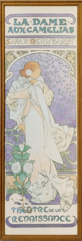 After Alphonse Mucha "La Dame Aux Camelias": After Alphonse Mucha (Czech, 1860-1939), "La Dame Aux Camelias: Sarah Bernhardt Theatre de la Renaissance", Offset Lithographic Poster in Colors, signed in plate lower left, giltwood frame. Image: 35.