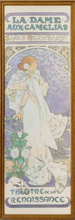 After Alphonse Mucha "La Dame Aux Camelias": After Alphonse Mucha (Czech, 1860-1939), "La Dame Aux Camelias: Sarah Bernhardt Theatre de la Renaissance", Offset Lithographic Poster in Colors, signed in plate lower left, giltwood frame. Image: 35.