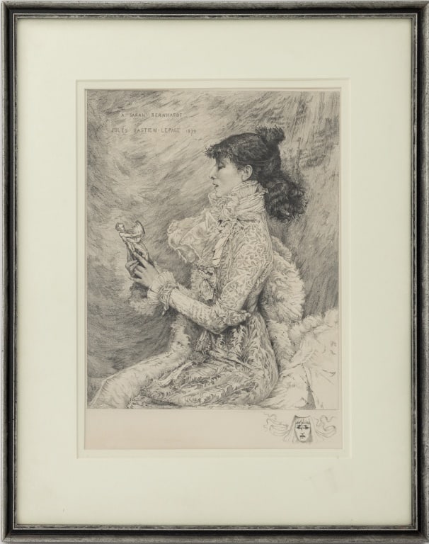 Jules Bastien-Lepage "Portrait of Sarah Bernhardt": Jules Bastien-Lepage (French, 1848-1884), "Portrait of Sarah Bernhardt", Etching, 1879, silvered wood frame. Image: 11" H x 7.75" W; frame: 16.75" H x 13.25" W. Provenance: The Upper East Side Estate