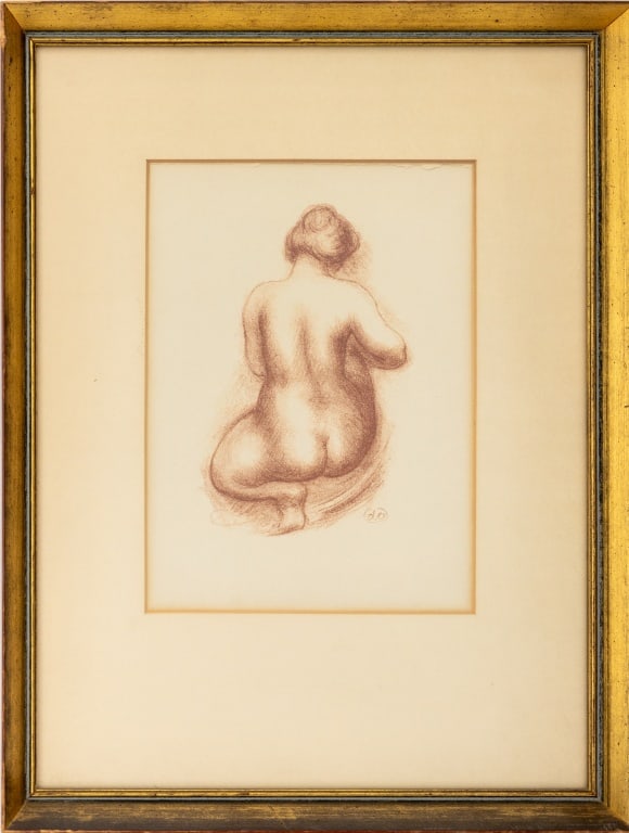 Aristide Maillol Kneeling Female Nude Lithograph: Aristide Maillol (French, 1861-1944), Kneeling Female Nude, Sanguine Lithograph, signed in print lower right, giltwood frame. Image: 9.25" H x 6.75" W; frame: 17.25" H x 13" W x 1.25" D. Provenance: T