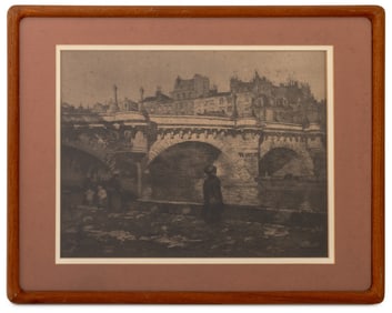 French School Le Pont Neuf Engraving on Paper