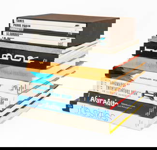 Books on Design History, 12: Group of Twelve Books on Design History, comprising: Assouline box set of five including "Pierre Paulin", Vedrenne, Elisabeth, "Eames", Fitoussi, Brigitte, "Le Corbusier", Vedrenne, Elisabeth, "Fornas