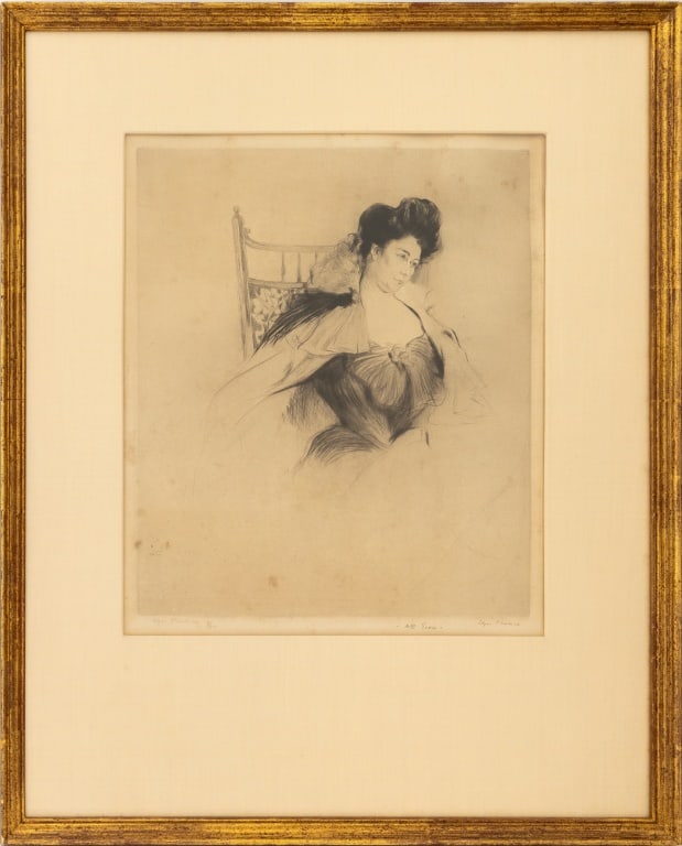 Edgar Chahine Portrait of a Woman Etching: Edgar Chahine (Austrian, 1874-1947), Portrait of a Woman Seated in an Armchair, Etching, signed in pencil lower right and lower left, numbered edition "9 / 10" lower left, giltwood frame. Image: 13.25