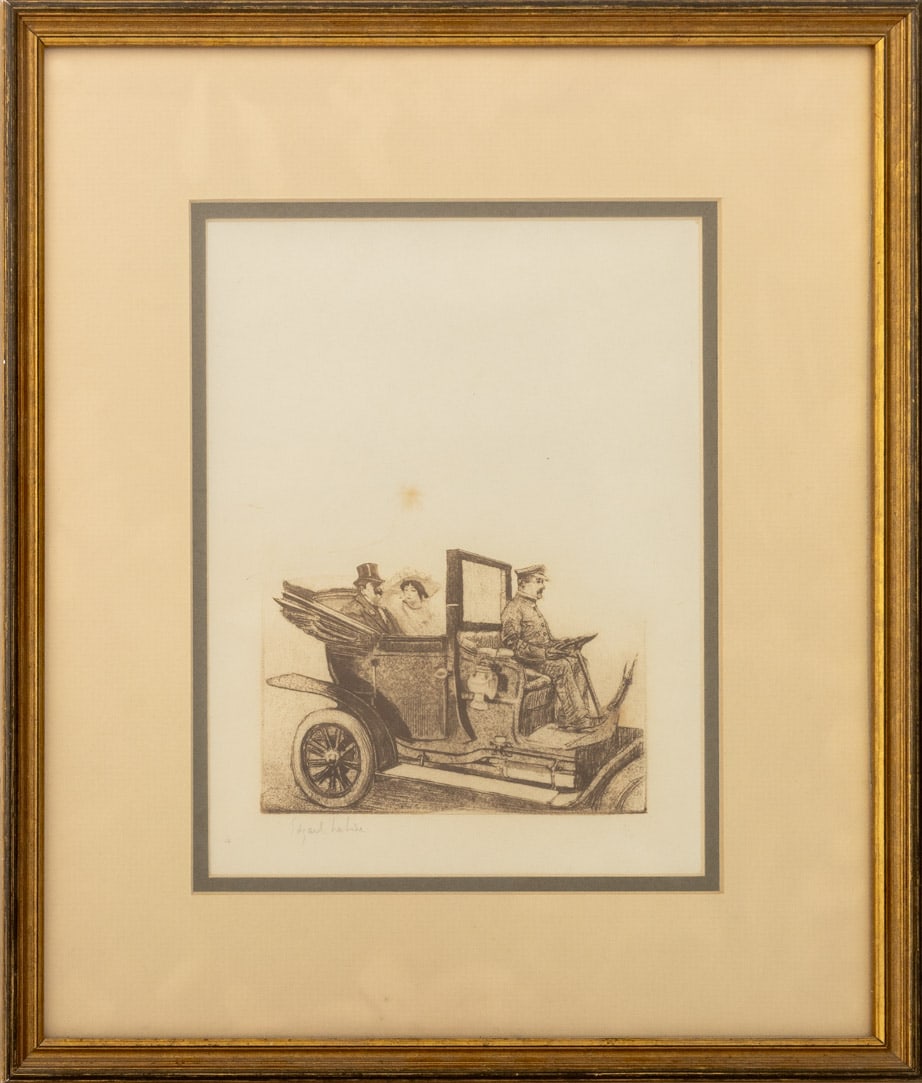 Edgar Chahine "Promenade Automobile" Etching, 1906: Edgar Chahine (French, 1874-1947), "Promenade Automobile", Etching on Japanese Paper, 1906, signed in pencil lower left, numbered edition "1 / 20" lower right, giltwood frame. Image: 9" H x 7" W; fram