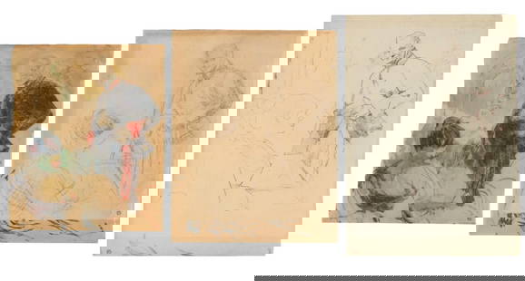 After Toulouse-Lautrec "Artilleur et Femme", 3: After Henri de Toulouse-Lautrec (French, 1864-1901), Three Reproduction Sketch Compositions for "Artilleur et Femme" [Artillery Man and Girl], each with artists mark in plate, one in color on tracing