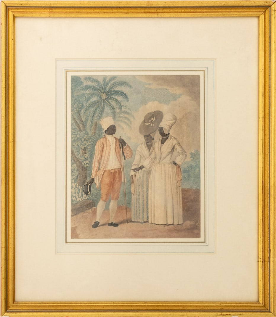 After Agostino Brunias "Free Natives of Dominica": After Agostina Brunias (Italian, 1730-1796), "Free West Indian Dominicans: Free Natives of Dominica", Engraving in Colors, after the 1770 watercolor, giltwood frame. Image: 8.75" H x 7" W; frame: 17.2