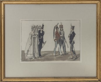 British Nobility Scene Hand-Colored Print, 19th C.