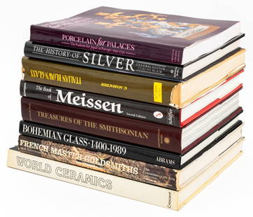 Books on Pottery, Glass, and Silver, 8: Collection of Eight Books on Pottery, Glass, and Silver, comprising: "Bohemian Glass 1400-1989", Petrova, Sylva and Olivie, Jean-Luc, "Treasures of the Smithsonian", Park, Edwards, "Italian Blown Glas