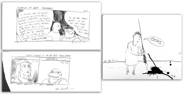 Michael Paraskevas Comic Strips Pencil & Ink, 3: Michael Paraskevas (American, b. 1961), Three Comic Strips, Pencil and Ink on Paper, comprising: "Speaking of Art - Raphael", signed lower right, "Lesson Number 3 - An IQ Test - True or False", signed