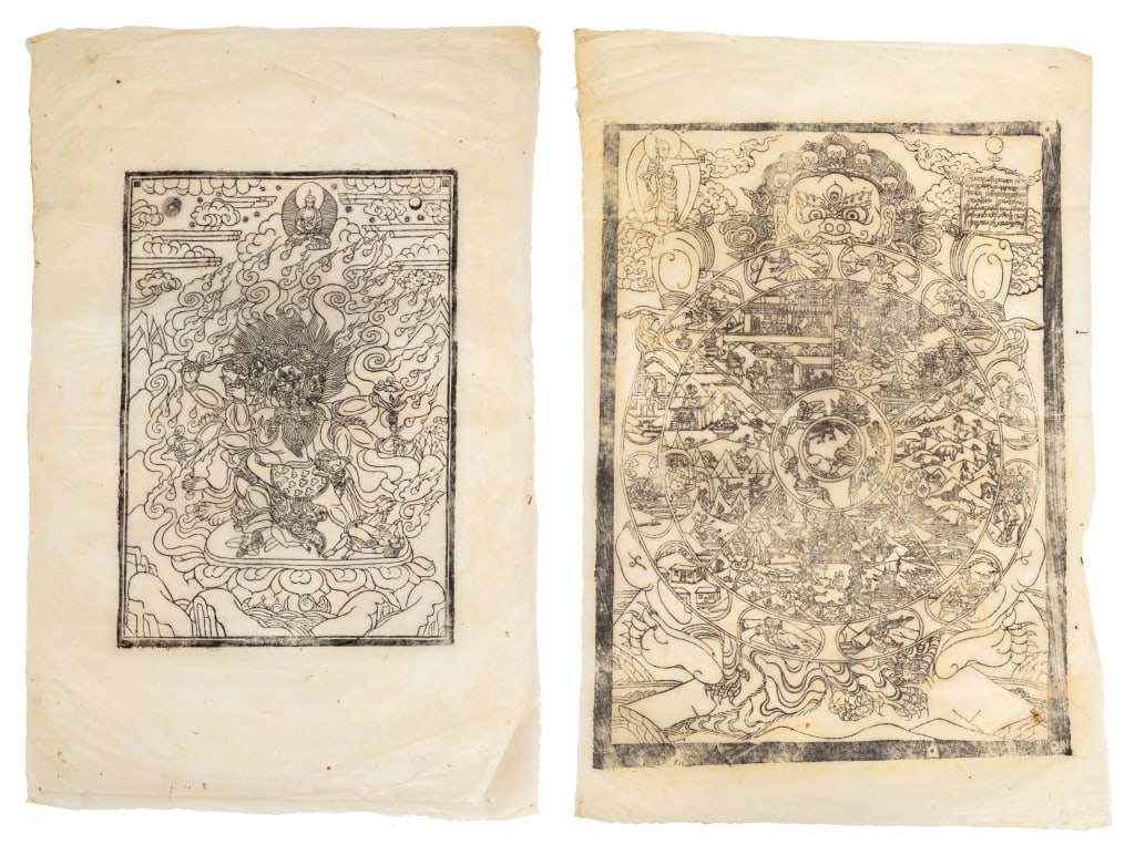 Tibetan Wheel of Life and Nyingma Icon Prints, 2: Tibetan Woodblock Prints on Handmade Paper, depicting the Buddhist Wheel of Life and a Nyingma Icon, unframed. 31" H x 20" W. Provenance: From a New York City Collection. Keywords: Prints, Multiples,