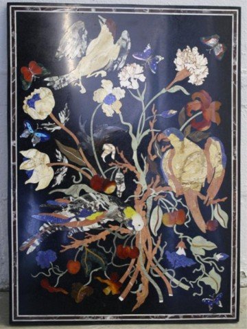 Pietra Dura Bird & Flower Picture w/ Inlaid Stones: Pietra dura bird and flower picture with inlaid lapis lazuli, carnelian, turquoise, and other stones; unmarked. Dimensions: 26"H x 19"W