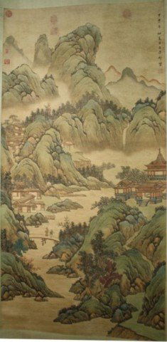 Chinese Landscape Scroll after Wang Yuan Qi: Mounted scroll painting of landscape, after Wang Yuan Qi (Chinese, 1642-1715), ink and color on paper; marked. Dimensions: Overall 79"L x 30"W; image area 52"L x 26"W