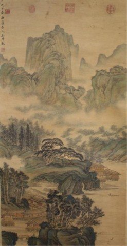 Chinese Landscape Scroll Painting aft. Shimin Wang: Hanging scroll painting of a mountain landscape, after Shimin Wang (Chinese, 1592-1680), ink and colors on paper; marked. Dimensions: 74"H x 30"W; 49-1/2"H x 25"W (image).