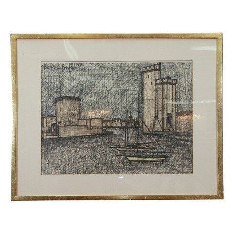 Mid Century Bernard Buffett Lithograph: Framed lithograph depicting a mid-century European harbor with sailboats in the foreground, numbered 3/118, Bernard Buffet (French, 1928 – 1999), France, c. 1950s; signed. Dimensions: 26"H x 30"W