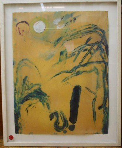 Moshe Gershuni "If It Die" c.1988 Israeli: "If It Die," Moshe Gershuni (Israeli, 1936- ), glass paint and oil on rice paper saturated with varnish, Israel, c. 1988; signed with the artist's initials in Hebrew in pencil. Dimensions: 31"H x 25"W