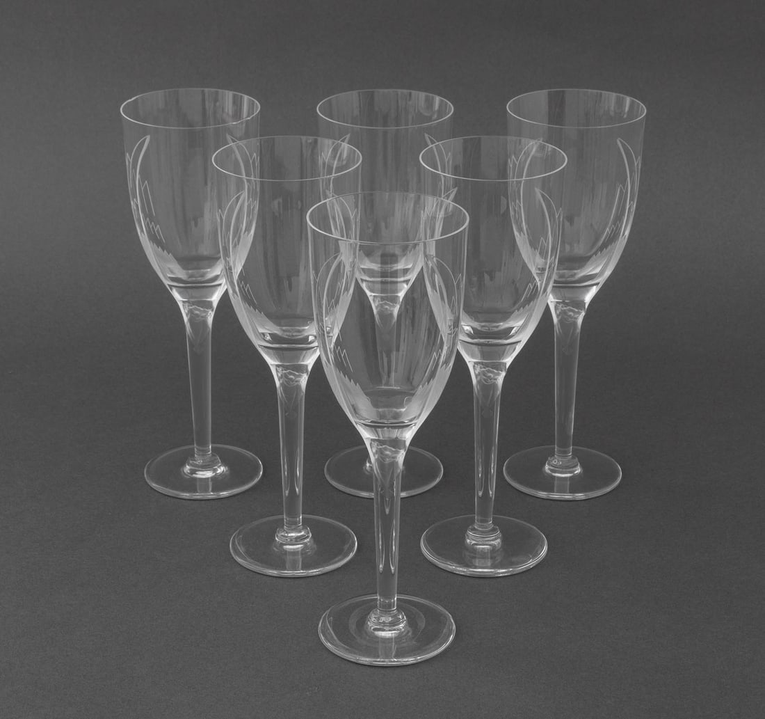 Lalique Angel Frosted Crystal Champagne Flutes, 6: Set of Six Lalique Angel Frosted Crystal Champagne Flutes, each marked "Lalique France" to underside. 8.25" H x 2.75" Diameter. Provenance: From a Long Island Estate. Keywords: Designer, Luxury brand,