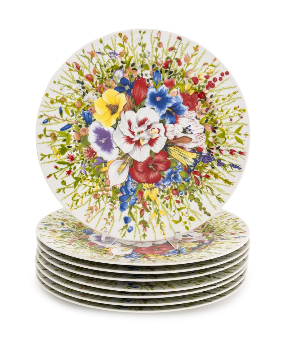 Emilio Bergamin for Taitu I Fiori Dinner Plates, 8: Set of Eight Emilio Bergamin for Taitu "I Fiori" Dinner Plates, 1989, each marked. 12.25" Diameter x 1" H. Provenance: From a Long Island Estate. Keywords: Designer, Porcelain, Italian ceramics, Italy