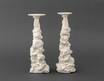 Postmodern Abstract Porcelain Candlesticks, Pair: Pair of Postmodern Abstract Porcelain Candlesticks, unglazed, apparently unsigned. Taller: 10.5" H x 3.5" W x 3.75" D.