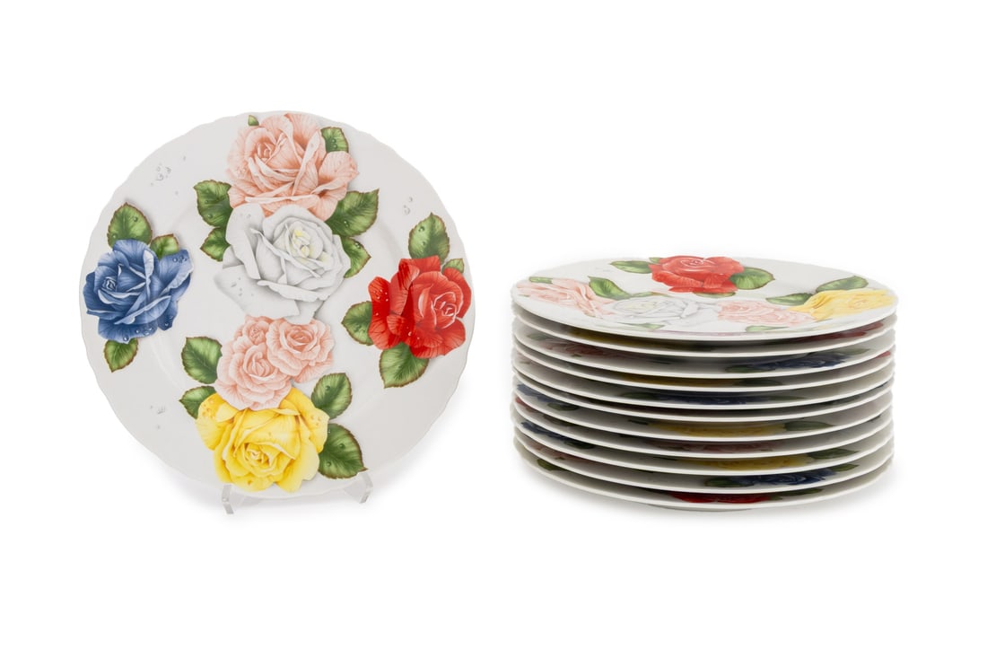 Emilio Bergamin for Taitu "Romantica" Plates, 12: Set of 12 Emilio Bergamin for Taitu "Romantica" Dinner Plates, 1994, each marked. 12" Diameter x 1.25" H. Provenance: From a Long Island Estate. Keywords: Designer, Porcelain, Italian ceramics, Italy,