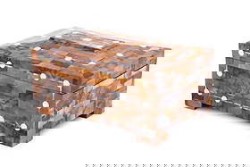 R&Y Augousti Style Tessellated Horn & Bone Box: Ria and Yiouri Augousti Style Sarcophagus Form Tessellated Horn and Bone Covered Box, with black velvet lining to the interior. 7.5" H x 14" W x 10" D. Provenance: From a Long Island Estate. Keywords: