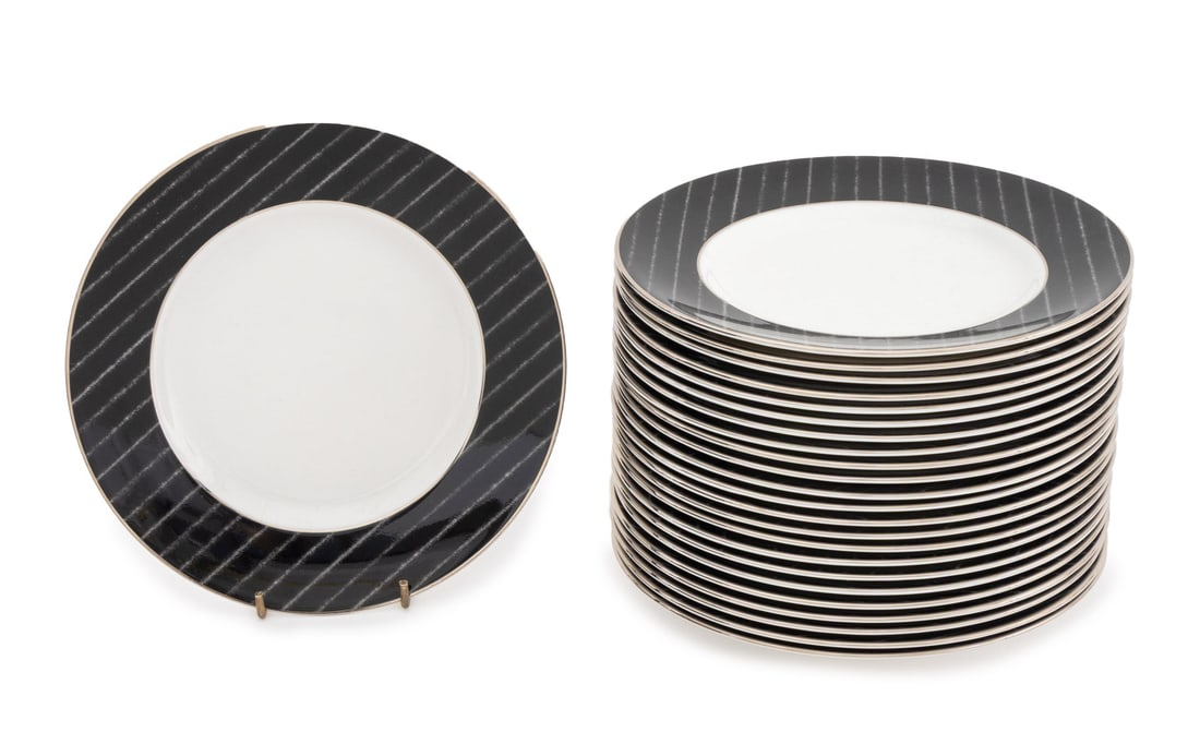 Ralph Lauren "Chalk Stripe" Salad Plates, 23: Set of 23 Ralph Lauren "Chalk Stripe" Pattern Salad Plates, each marked "Ralph Lauren / Made in England / Bone China" to underside. 8" Diameter x 1" H. Provenance: From a Long Island Estate. Keywords: