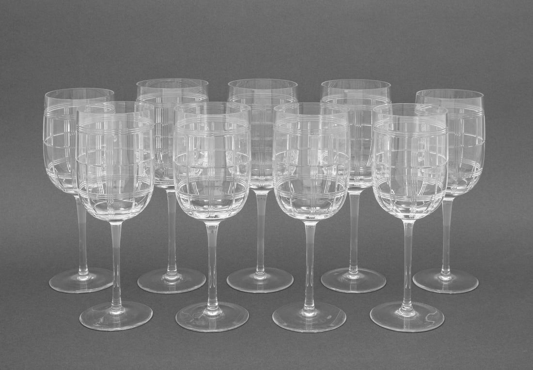 Ralph Lauren "Hudson Plaid" Wine Glasses, 9: Set of Nine Ralph Lauren "Hudson Plaid" Crystal White Wine Glasses, each marked "Ralph Lauren" to the underside. Tallest: 9.25" H x 3.25" Diameter. Provenance: From a Long Island Estate. Keywords: Gla