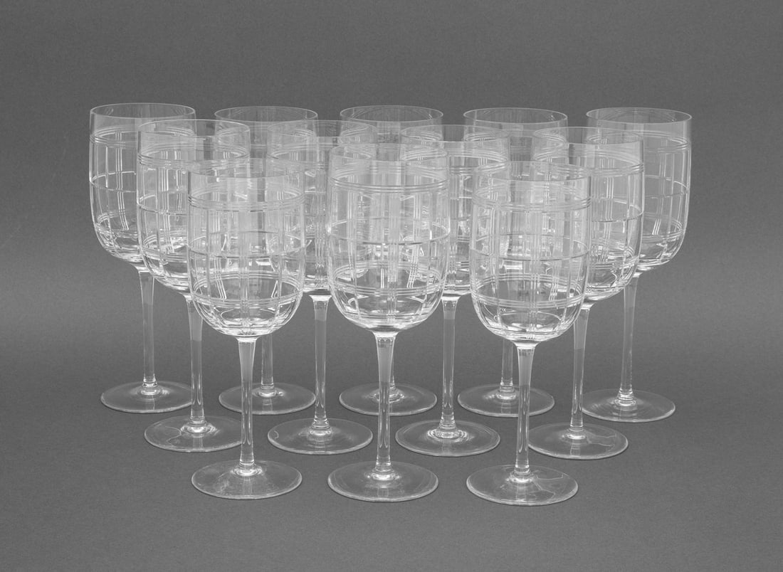 Ralph Lauren "Foster" Crystal Stemware, 12 Pcs.: Set of 12 Ralph Lauren "Foster" Crystal Stemware Pieces, comprising: (10) ten water goblets and (2) two wine glasses, each marked "Ralph Lauren" to the underside. Larger: 9.25" H x 3.25" Diameter. Pro