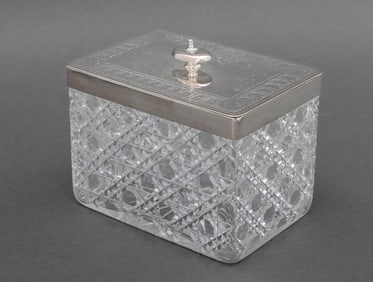 Modern Silver Plate Mounted Cut Glass Tea Caddy