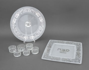 Judaica Silver Overlay Glass Seder Set, 8 Pcs.
