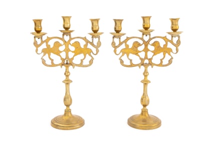 Lion of Judah Brass Shabbat Candelabra, Pair