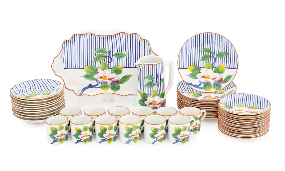 Este for Tiffany Ceramic Luncheon Service for 12: Este for Tiffany Ceramic Luncheon Service for Twelve, each marked "Este / Made in Italy / for / Tiffany" to underside and comprising: large two-handled tray (1), water pitcher (1), (12) coffee mugs, (