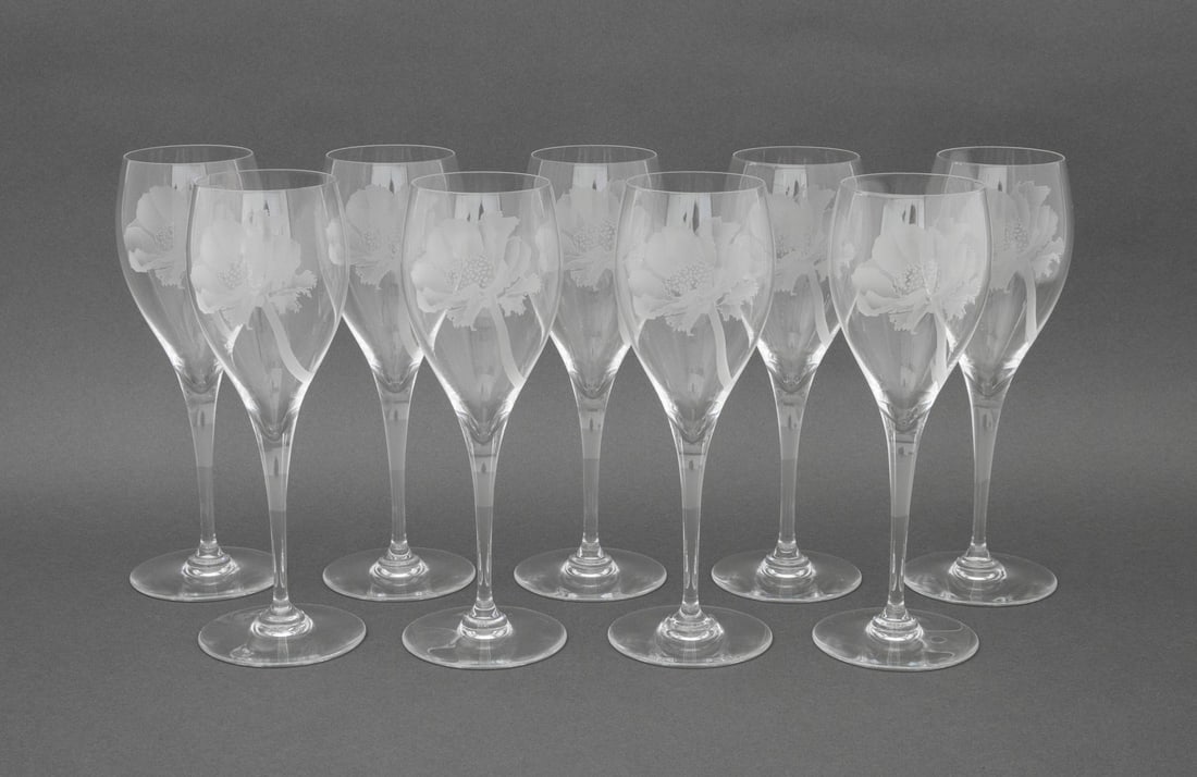 Baccarat Etched Flower Crystal Wine Glasses, 9: Set of Nine Baccarat Etched Flower Crystal Wine Glasses, acid-etched mark to the undersides. 9.25" H x 3.25" Diameter. Provenance: From a Long Island Estate. Keywords: Designer, French glass, Glasswar
