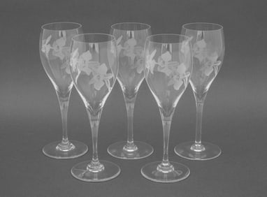 Baccarat Crystal Etched Flower Wine Glasses, 5