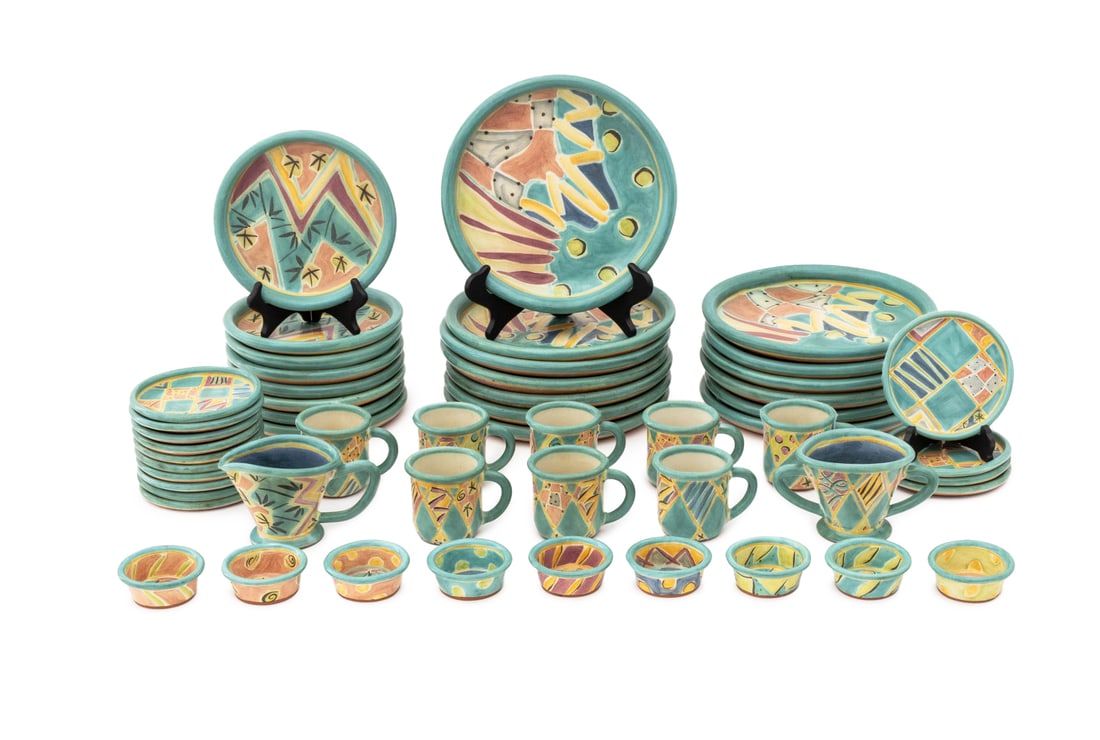 T.S. Post Art Pottery Dinner Service, 54 Pcs.: Tom and Sara Post Art Pottery Redware Dinner Service, all signed and comprising: 13 dinner plates, 8 coffee mugs, 14 bread plates, 8 dessert plates, 9 small dishes, 1 creamer jug, and 1 vase. 54 piece