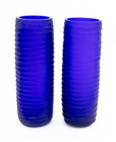 Murano Blue Glass Ribbed Sleeve Vases, Pair