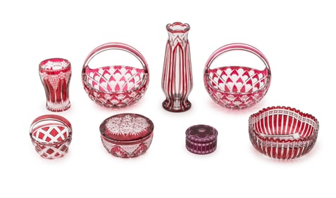 Cranberry Cut to Clear Glass Tableware, 8 Pcs.