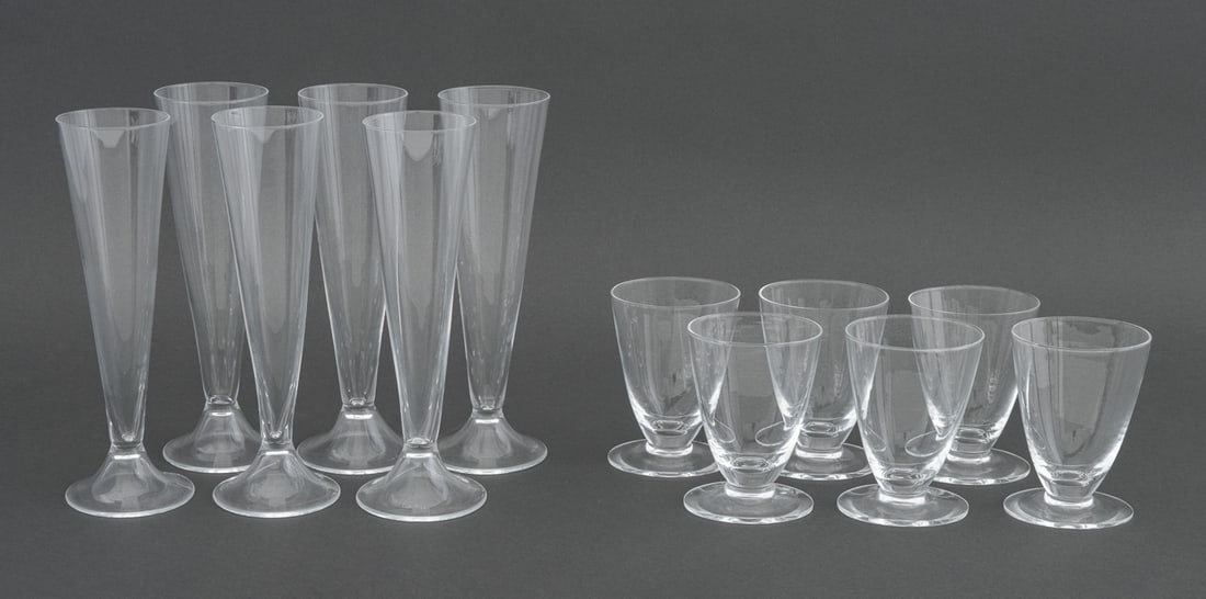 Carlo Moretti Murano Glass Set for 6: Carlo Moretti Murano Glass Set for Six, each signed and comprising: (6) champagne flutes and (6) footed glasses. Champagne flute: 8.25" H x 2.75" Diameter. Provenance: From the Upper West Side Estate