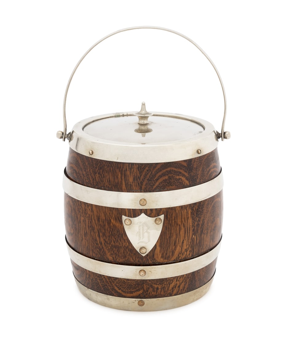 English Silver Plate Mounted Oak Barrel Ice Pail: English Silver Plate Mounted Oak Barrel Form Ice Pail, the lid marked "EPNS" with scratched "856P 357 1396" to underside, with swing handle and Gothic "B" engraved shield. 7.25" H x 6.25" W x 6" D. Pr